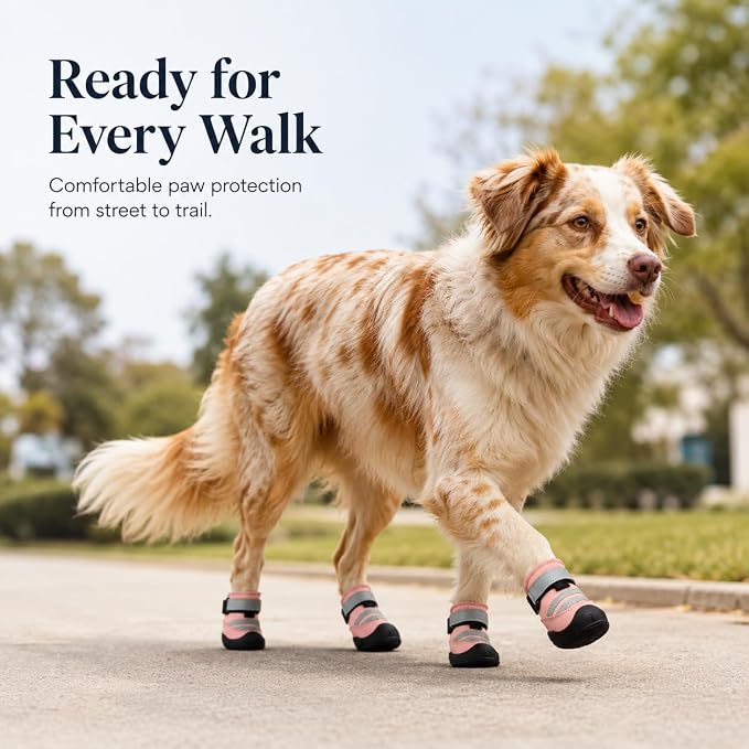 Dog Boots, Waterproof Dog Shoes with Reflective Straps, Rugged Anti-Slip Sole Paw Protectors for Medium Large Dogs, Breathable Pet Booties for Hot Pavement, Snow, Hiking, 4Pcs