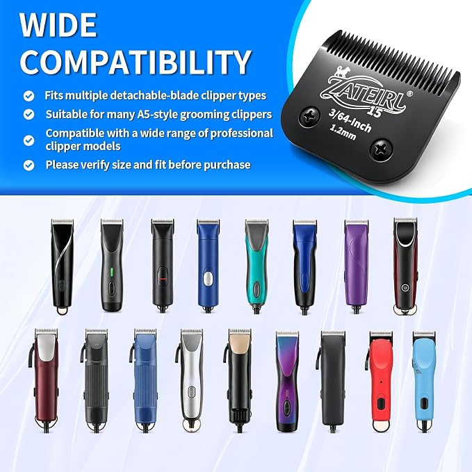 Size 15 Detachable Pet Grooming Clipper Blade with Steel Cutter, 3/64 Inch (1.2 mm) Cut Length, Black, Compatible with Andis, Oster A5, Wahl KM10, 3 Pack