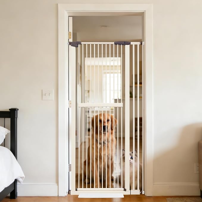 Lumizone 61.02" Extra Tall Pet Gate for Cat Dog 30.12"-38.38" Wide Cream | Extra Tall Cat Gate for Doorway Hallway Stairs Pressure Mounted 1.37" Gap No Drilling Auto-Close Dual-Lock
