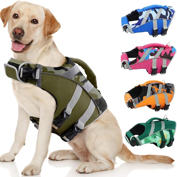 Kuoser Reflective Dog Life Jacket, Dog Life Vest for Swimming Boating | Adjustable Pet Lifejackets, High Flotation Doggie Swimsuit with Rescue Handle for Small Medium Large Dogs