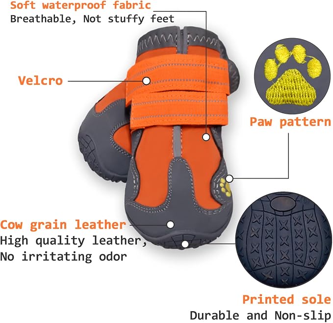 XSY&G Dog Boots,Waterproof Dog Shoes,Dog Booties with Reflective Strips Rugged Anti-Slip Sole and Skid-Proof,Outdoor Dog Shoes for Small Medium Large Dogs 4Pcs Orange-Size 3