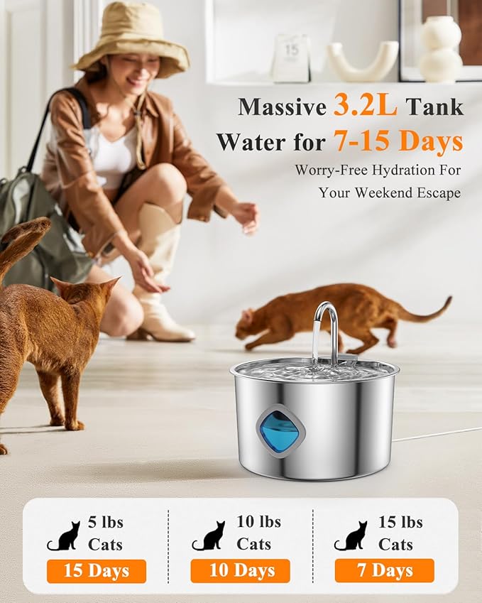 Cat Water Fountain Stainless Steel with 12 Filters Kit [3.2L/108oz] Automatic Water Dispenser with LED Water Level Window, Easy to Clean Metal Pet Drinking Fountain for Kitty to Large Cats Indoor