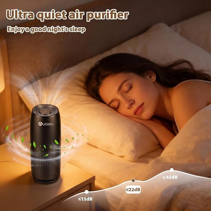 Aucleia Mini Portable Air Purifier for Car Office Travel, Black | Compact Air Purifier With Aromatherapy Function, Usb Powered Mini Usb Air Purifier Removes Pet Odor, Smoke, Dust And Pollen