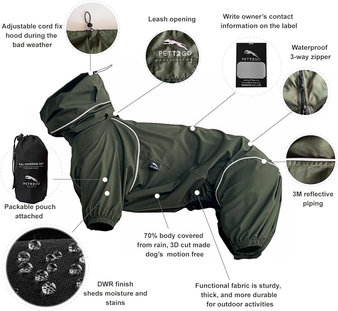 Dog Lightweight Windbreaker, Dog Outdoor 4-Legs Jacket, 0.5 lbs,Durable Water Repellent, Hooded, Easy on/Off with Collar and Harness, Reflective, Packable,Dark Olive -Large (Male)