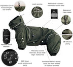 Dog Lightweight Windbreaker, Dog Outdoor 4-Legs Jacket, 0.5 lbs,Durable Water Repellent, Hooded, Easy on/Off with Collar and Harness, Reflective, Packable,Dark Olive -Large (Male)