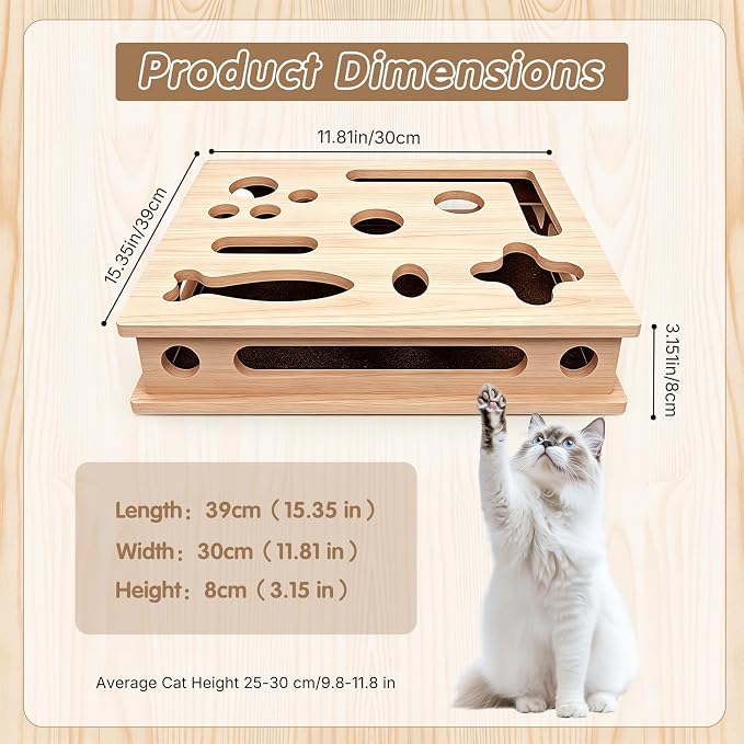 Cat Scratch Puzzle Enrichment Box for Indoor, with 3 Balls & 1 Wand | Integrated Cat Nail File Scratcher with Sandpaper Liner - Stress Free Alternative to Clippers & Grinders for Indoor Cats (L)