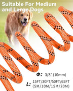 Joytale Long Dog Leash for Yard Tie Out & Recall Training, Orange, 15FT | Secure Locking Carabiner, Removable Padded Handle, Reflective Webbing for Night Safety, Ideal for Outdoor Play and Camping