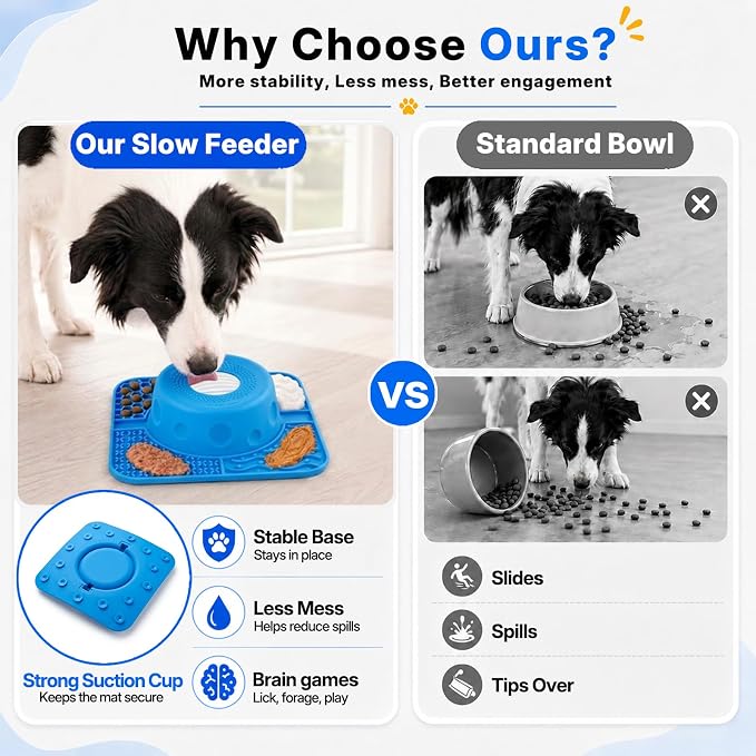 2-in-1 Slow Feeder Dog Bowl, Rolling Ball & Lick Mat, Large Blue | 16.9 oz silicone bowl mat with non-slip suction cups for liquid and thick treats, for large, medium, small dogs and cats