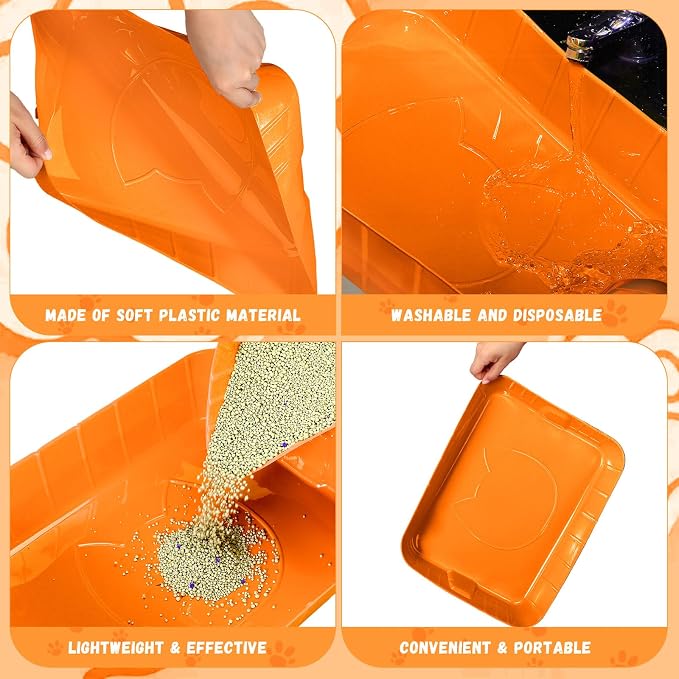 Bokon 25 Count Disposable Litter Box for Cat, Large Disposable Litter Tray for Travel Home Durable Portable Plastic Kitty Litters Boxes Leak-Resistant Easy-Grip Rim, 15.7 x 11.8 x 3 Inches(Orange)