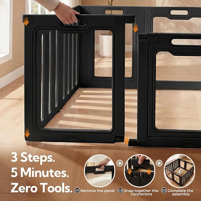 Soulbond Clear Acrylic Dog Playpen Indoor (24 Inch, Black, 10 Panels) | Non-Slip,Tool-Free Assembly, External Door Lock Play Pen for Puppies and Small Dogs