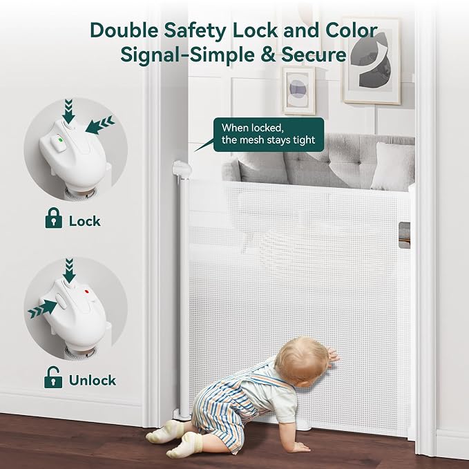 Babepai Retractable Baby Gates for Stairs, Retractable Dog Gate for Indoor/Outdoor Use | Child Gates for Doorways, Deck, Porch, Hallways, Patio (White, 72" Wide 34" Height)