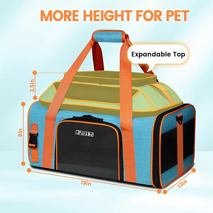 Petskd Top-Expandable Pet Carrier 19"x13"x9" Airline Approved, Blue | for Southwest Allegiant Airlines, Lockable Safety Zippers and Anti-Scratch Mesh, Pets Under 12 Lbs