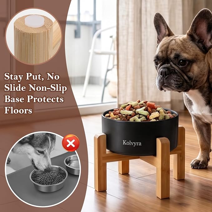 6" Elevated Ceramic Dog Bowl, Anti-Vomiting 23oz for Small Dogs | Premium Food-safe Ceramic with Anti-slip Wood Stand,Dishwasher Safe,Ergonomic Height Relieves Neck Strain,Black