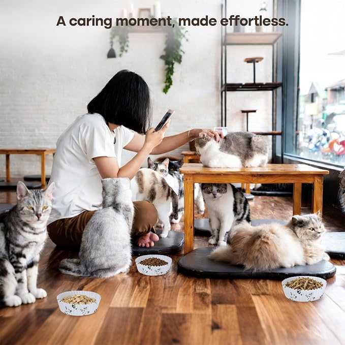 Bulk Disposable Cat Bowls Set (300 Pcs Cat Food Bowl Liners + 2 Pcs Stainless Steel Pet Bowls) Small Paper Bowls for Puppy Kitten Small Dogs and Cats, Ideal for Dry & Wet Food (White, Cat Face Print)