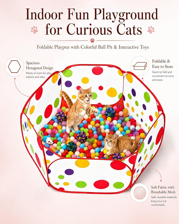 Cat Ball Pit with 227 Pcs Interactive Cat Toys, Enrichment Toys for Bored Indoor Cats Self Play, Include Pom Pom Balls Jingle and Crinkle Balls, Springs and Mice Toy for Kitten Fun and Exercise