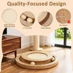 Sisal Cat Scratch Pad with Ball Track Round Wooden Cat Scratchers | Cat Scratching Board for Indoor Small Cats and Kitten Scratching Chasing Playing