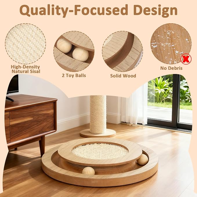 Sisal Cat Scratch Pad with Ball Track Round Wooden Cat Scratchers | Cat Scratching Board for Indoor Small Cats and Kitten Scratching Chasing Playing