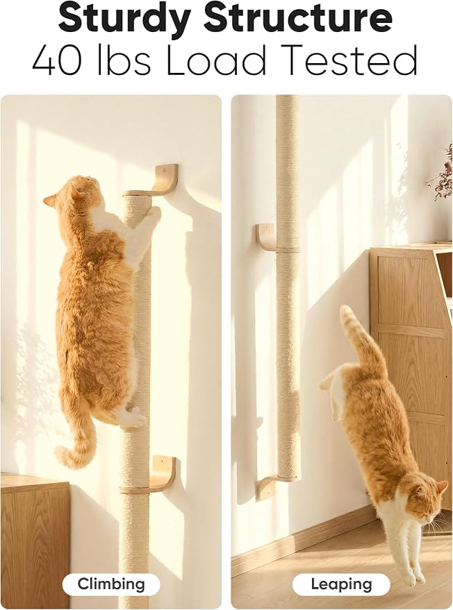 FUKUMARU Cat Wall Scratcher, 60" Tall Kitten Scratching Post | Natural Sisal Pole, Wall Mounted Climbing Tree for Indoor Large Cats