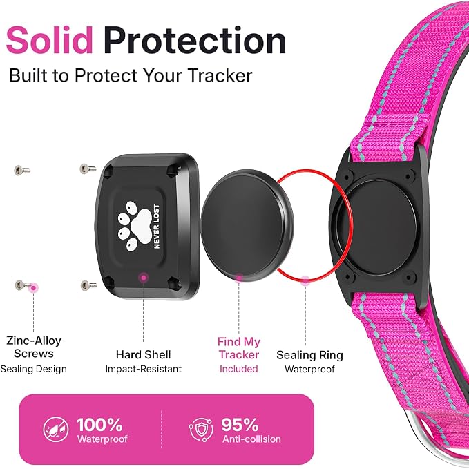 GPS Dog Collar Tracker 2-in-1,Reflective Waterproof Pet Collar,iOS-Only,No Monthly Fees,Unlimited Range,Dog Tracking Collar Pet Tracker,for Small Medium Large Dogs(L (16.5"-23.5"), Hot Pink)