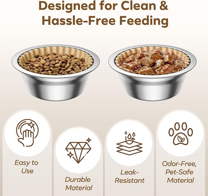 600 PCS Disposable Pet Feeding Bowls Bulk for Cats & Dogs, Leak Resistant | Printed Paper Cat Food Bowl Liners, Wet & Dry Food, Small Pet Bowl Covers, Easy Clean Feeding Supplies, Brown Pattern