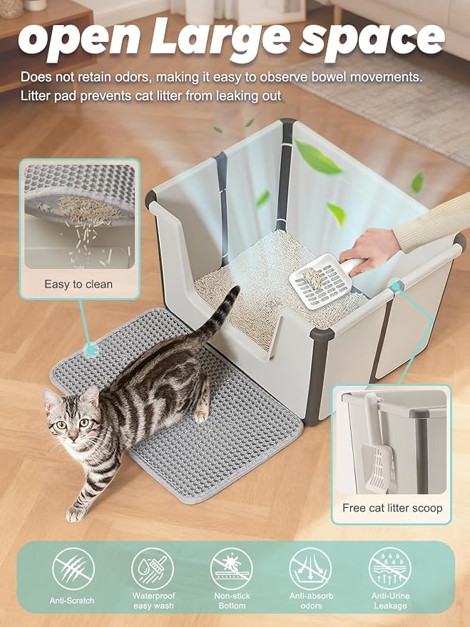 BOLUAMPHC® Large Foldable Cat Litter Boxes for Travel Includes Litter Mat & Scoop，Portable Litter Box for Cats with High Sides for Anti Splashing, Low Entry for Kitty & Old Cat, Easy Clean and Storage