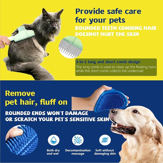 4-in-1 Pet Hair Remover and Grooming Kit for Dogs Cats, Reusable Lint Roller, Deshedding Glove, De-Shedding Tool for Fur Removal and Silicone Bath Brush for Dog Cat Furniture Clothing Car Seats, Blue