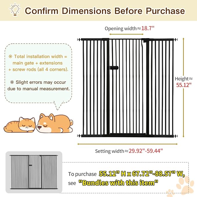 Lumizone Extra Tall Cat Gate 55.12" High 29.92"-59.44" Wide Pet Gate Black | Dog Gate for Doorway Hallway Stairs Pressure Mounted Extra Wide 1.37" Gap No Drilling Auto-Close One-Handed Operation