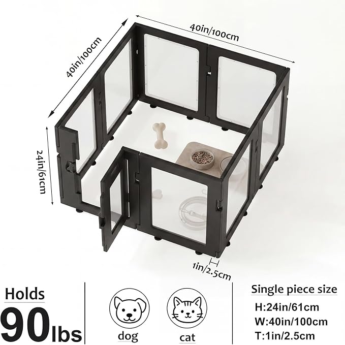 Clear Acrylic Dog Playpen Indoor, Puppy Cat Small Pet Play Pen, Easy Assemble & Disassemble Sturdy Plastic Dog Fence with Heavy Duty Door Lock (8 Panels - 24 in), Black