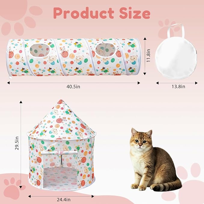 2-in-1 Cat Play Set, Pop-Up Cat Tunnel Rest Hut with Plush Ball Toys | Collapsible Cat Toys Combo with Tent & Ball for Indoor Tunnel, Hiding & Lounging，Suitable forca, dogs, rabbits. Perfect toy.