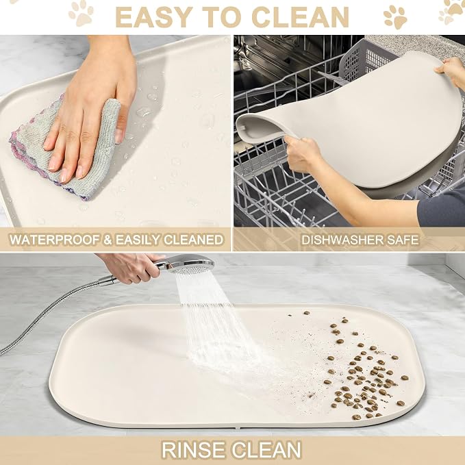 SMILOOL 36" x 24" x 1" Extra Large Silicone Pet Food Mat with Raised Edge for Food and Water Bowl, Dog Feeding Mats, Cat Food Trays for Floor Waterproof, Rubber Tray for Dogs and Cats, White Sand