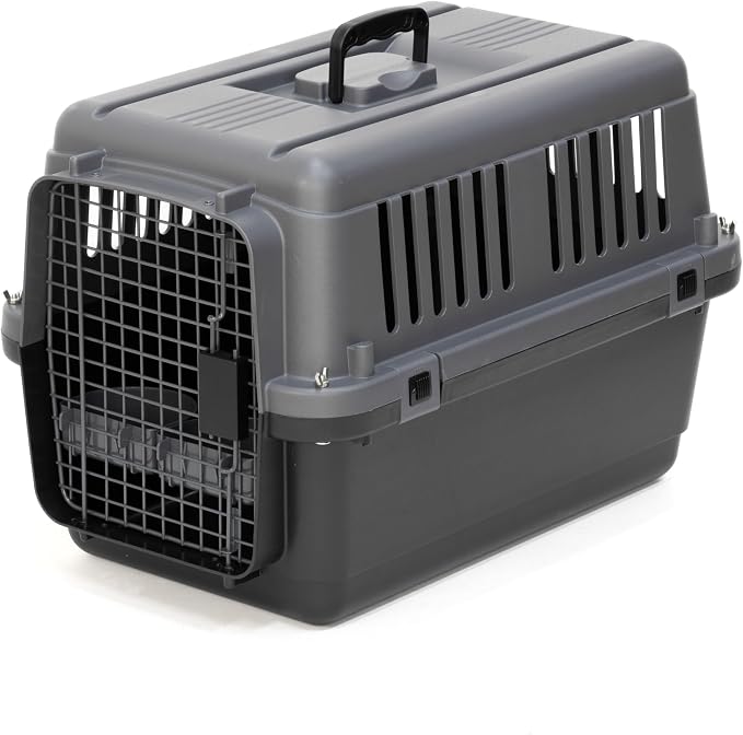SportPet Airline Compliant Small 24" Travel Dog Kennel - Durable Plastic Airline Pet Carrier (No Wheels) & Food Bowls, Collapsible Indoor/Outdoor Dog Kennel, Dogs up to 21" L & 13" H - Dark Gray