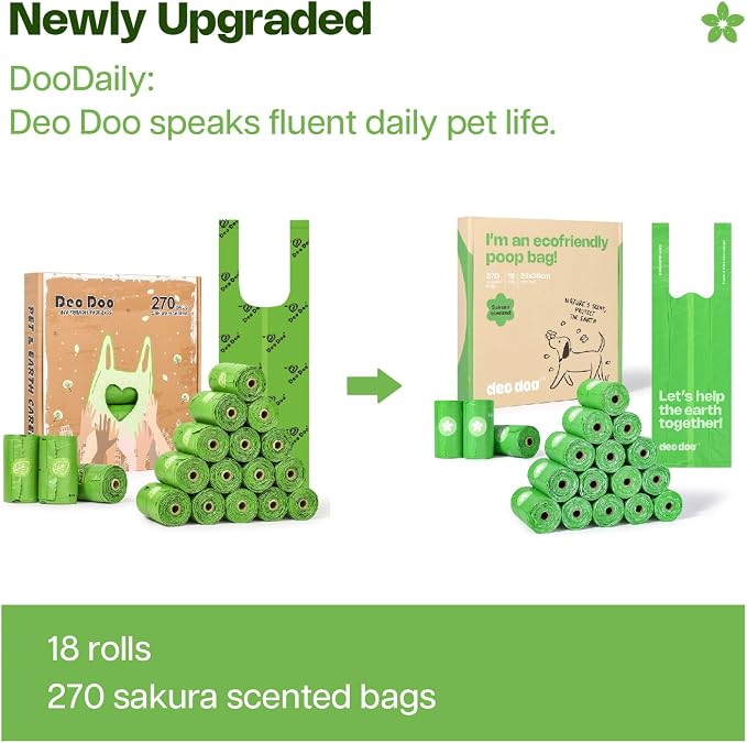 Deo Doo Dog Poop Bags with Handles, 270 Counts, Sakura Scented | Leak Proof Extra Thick, Easy-Tie, Tear-Resistant, 18 Refill Rolls for Small Medium Dogs and Cats