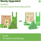 Deo Doo Dog Poop Bags with Handles, 270 Counts, Sakura Scented | Leak Proof Extra Thick, Easy-Tie, Tear-Resistant, 18 Refill Rolls for Small Medium Dogs and Cats