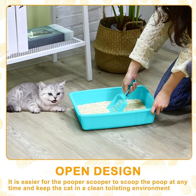 Amyhill 10Pcs Open Cat Litter Box with 10 Scooper | Medium, Plastic, Durable Low Sided Kitten Litter Box for Indoor Pets Rabbit Cats Supplies, 14.6x10.6x3.4 Inch, Multi Color