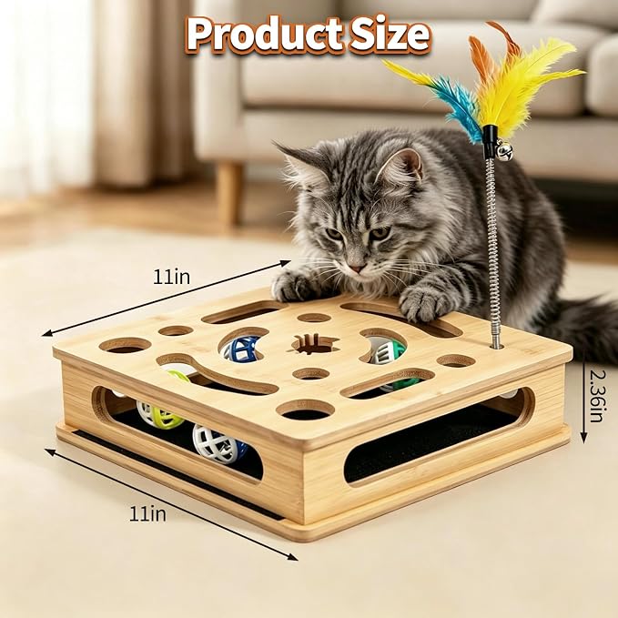Cat Scratch Puzzle Enrichment Box, Bamboo Wooden Cat Nail File Enrichment Toy, Claw Saver Toy for Cats