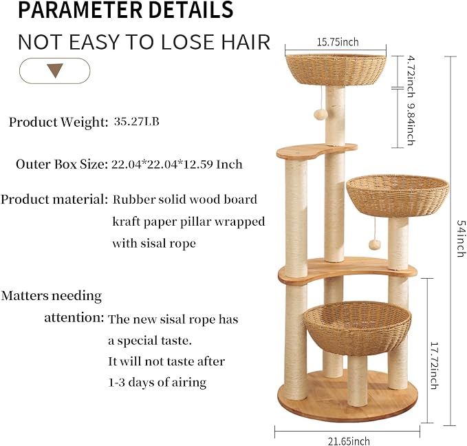 54" Modern Cat Tree Tower for Indoor Cats, Oak Cat Scratching Tree for Multiple Large Cats, Manual Hand Woven Luxury Cat Condo, Unique High-end Design Cat Furniture Activity Centre, Easy Clean