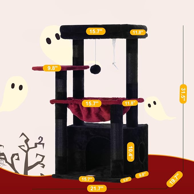Heybly Cat Tree, Kitten Tower with Large Soft Cat Basket HCT008SBR | Cat Condo with Spacious Cat Bed Cave with Hidden Space, Sisal Scratching Posts, Dangling Ball for Indoor Cats, Black and Red