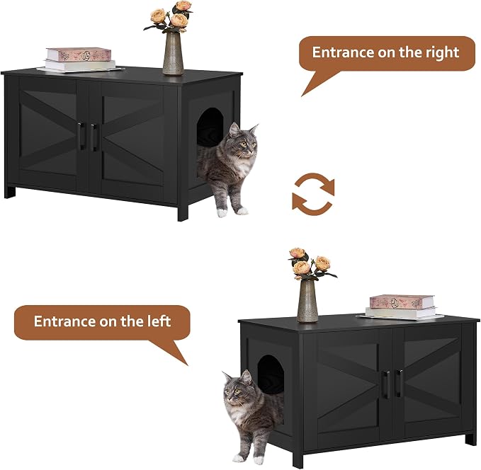 Homhedy 31.5" L Cat Litter Box Enclosure with Barn Door, Black | Wooden Cat Washroom Furniture, Cat House, Pet Storage Cabinet, Dog-Proof, Fit Most of Litter Box, Farmhouse Style