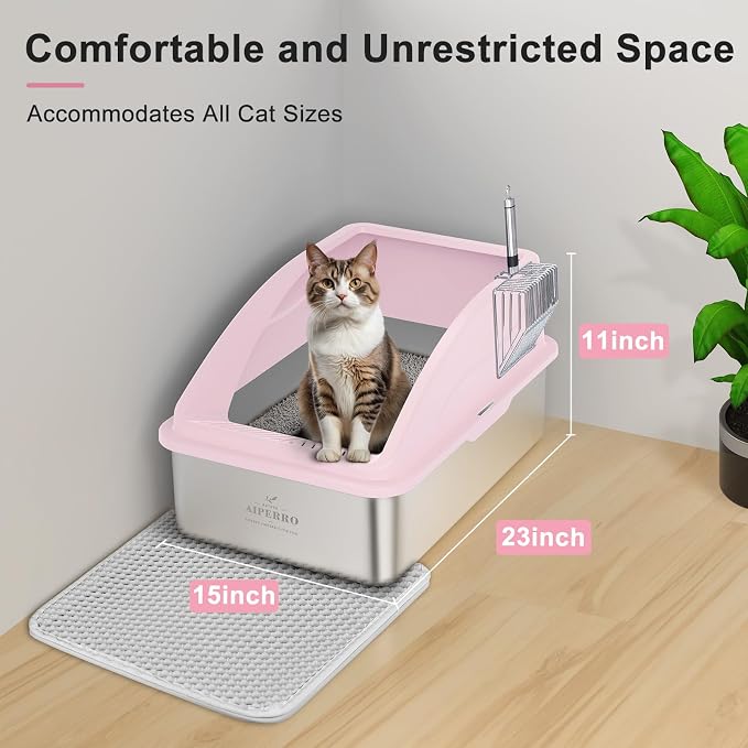 AIPERRO Stainless Steel Litter Box | XL Enclosed Cat Litter Boxes with Lid for Big Cats | High Sided, Anti-Urine Leakage | Non-Stick Bottom & Includes Litter Mat & Metal Scoop