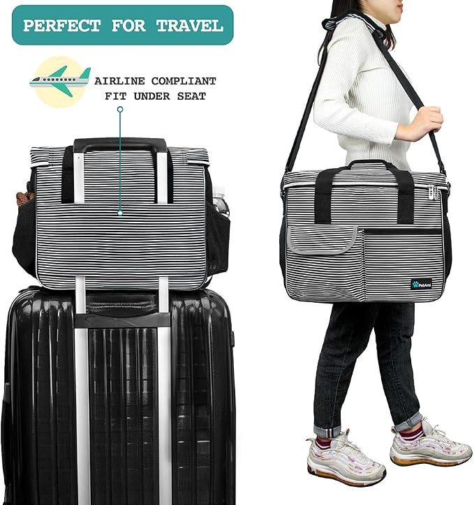 PetAmi Dog Travel Bag Organizer, Pet Travel Kit with 2 Food Containers & 2 Collapsible Dog Bowls, Pet Supplies Tote with Luggage Sleeve, Weekend Road Trip Camping Essentials, Stripe Black, Medium