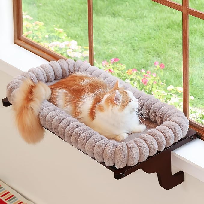 Zakkart SnugCloud Cat Window Perch with 4-Sided Bolster - Orthopedic Cat Hammock for Window Sill - Solid Hardwood & Metal Frame - Window Seat for Pets (Dark Stained Wood w/Brown Bed, Large)