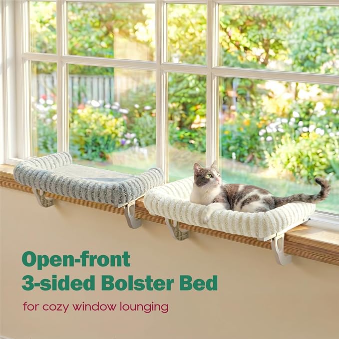 Zakkart Mellow Cat Perch for Windowsill, Hook-On or Screw-On Installation Pet Window Perch, Machine Washable Bed, Heavy Duty Cat Hammock Shelf for Large Cats, Holds up to 40 lbs (Beige, Large)