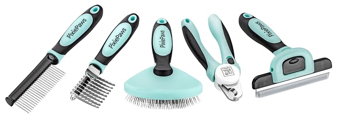 Pixie Paws Grooming Pet Brush 6 Piece Set, Dog and Cat Kit, Dematting Comb, Deshedding Fur, Toothbrush Clean Teeth, Remove Knot Tangles, Nail Clippers, Comfortable Handle - 530004E