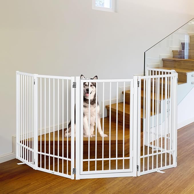 Metal Freestanding Dog Gate with Door, Extra Wide 121", 31" Height Foldable for Doorways, Tall Fence Indoor Pet Barrier for Stairs Hallways, 6 Panels, White
