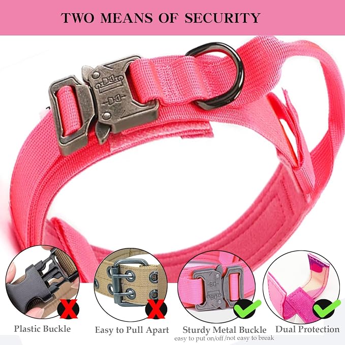 Tactical Dog Collar for Large Dogs with Control Handle,Pink,XXL | 1000D Heavy-Duty Nylon Fabric,Quick-Release Metal Buckle,Adjustable Fit,Soft-Padded Webbing,D-Ring,for Training & Hiking