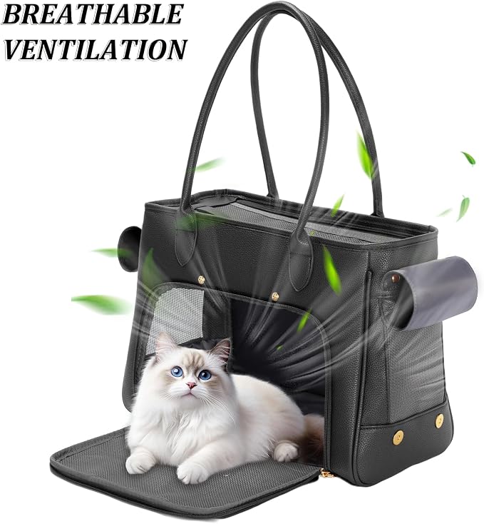 Fashion Pet Carrier Purse for Small Cat and Dog, Luxury Pu Soft-Sided Tote Bag with Large Pockets for Dogs and Puppies (Black, 15.8" L x 7.5" W x 11.8" H)