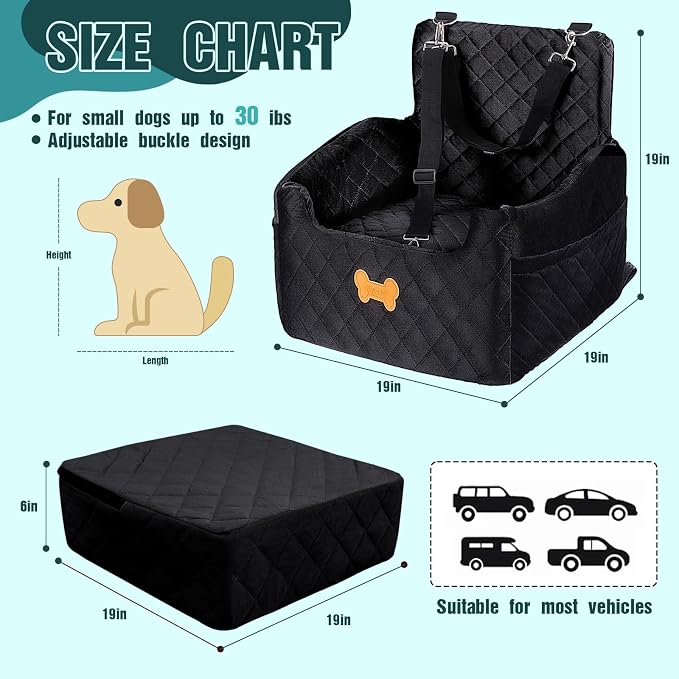 Dog Car Seat for Small Dogs, Dog Booster Seat Filling in Thick Memory Foam with 2 Safety Leashes and Storage Pocket, Suitable for Pet Under 30lb or 2 Puppies (Black)