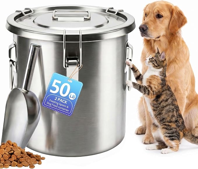 Stainless Steel Dog Food Storage Container with Lid & Scoop, Large Metal Dog Food Storage Container for Dry Pet Food, Airtight Pet Food Storage Container, Dog Food Bin for Kibble, 50LB