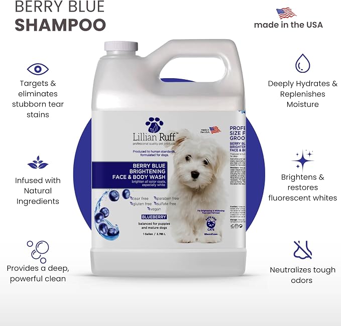 Lillian Ruff PRO Formula Berry Blue Brightening Pet Shampoo - Ultra-Hydrating Professional Whitening Dog Shampoo, Vivid Show-Quality Coat Enhancer, Tear Stain & Odor Eliminator, Vitamin B5, 128oz+Pump