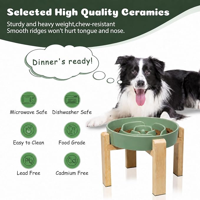 Elevated Slow Feeder Dog Bowl, 8.8" Ceramic Maze Dog Bowl with Stand | 3.2 Cups Slow Feeding Dog Dish for Fast Eaters, 7" Tall Anti-Slip Raised Slow Feeder for Medium to Large Breeds, Green